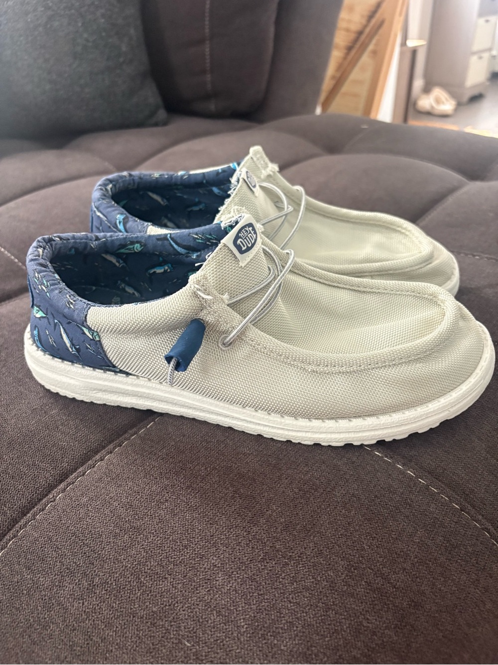Hey Dude Wally Funk Blue Water Grey Canvas Slip-Ons with Navy Printed Collar